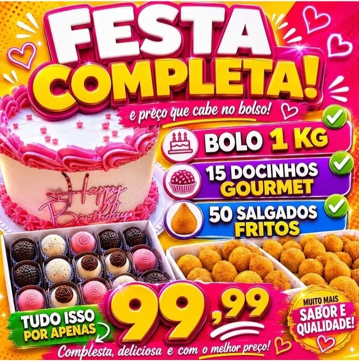 Kit Festa Bolo 1kg + 50 Salgados + 15 Doces Gourmet