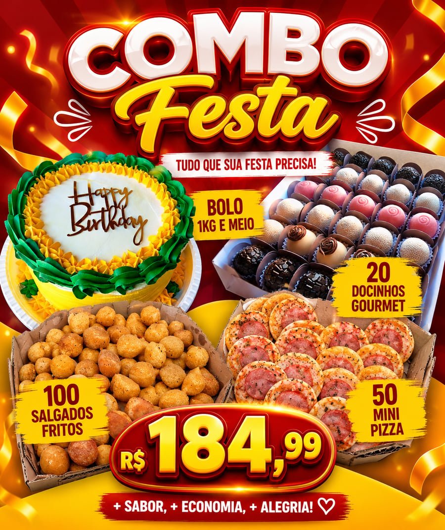 Kit Trio 50 Salgados + 20 Doces Gourmet + Bolo 1,5kg