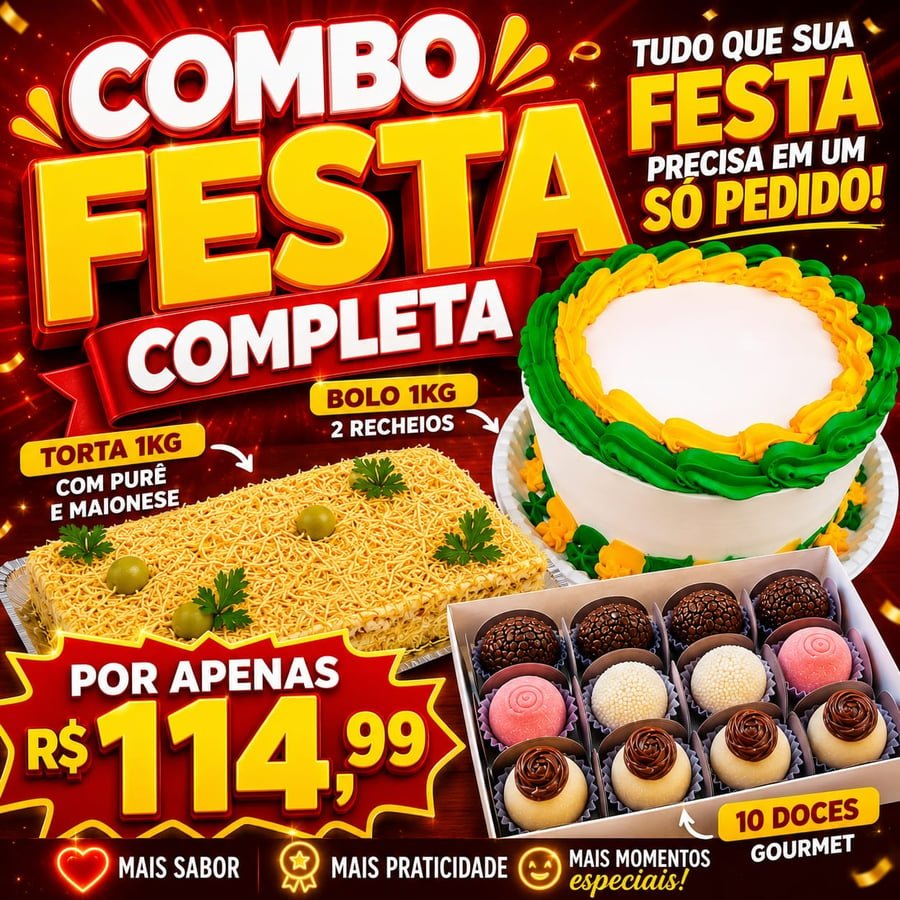 1kg Bolo + 1kg Torta + 10 Docinhos Gourmet