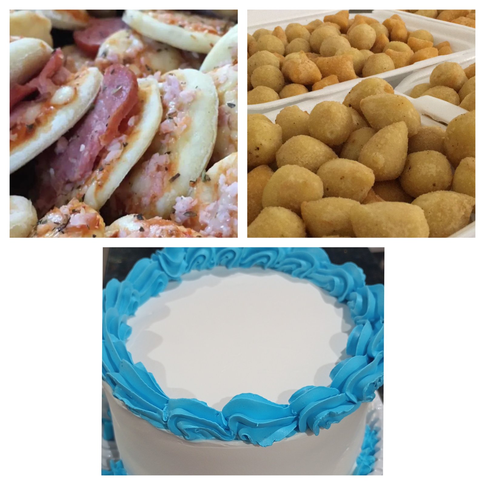 Bolo 1 kg 100 salgados fritos 15 mini pizza assada