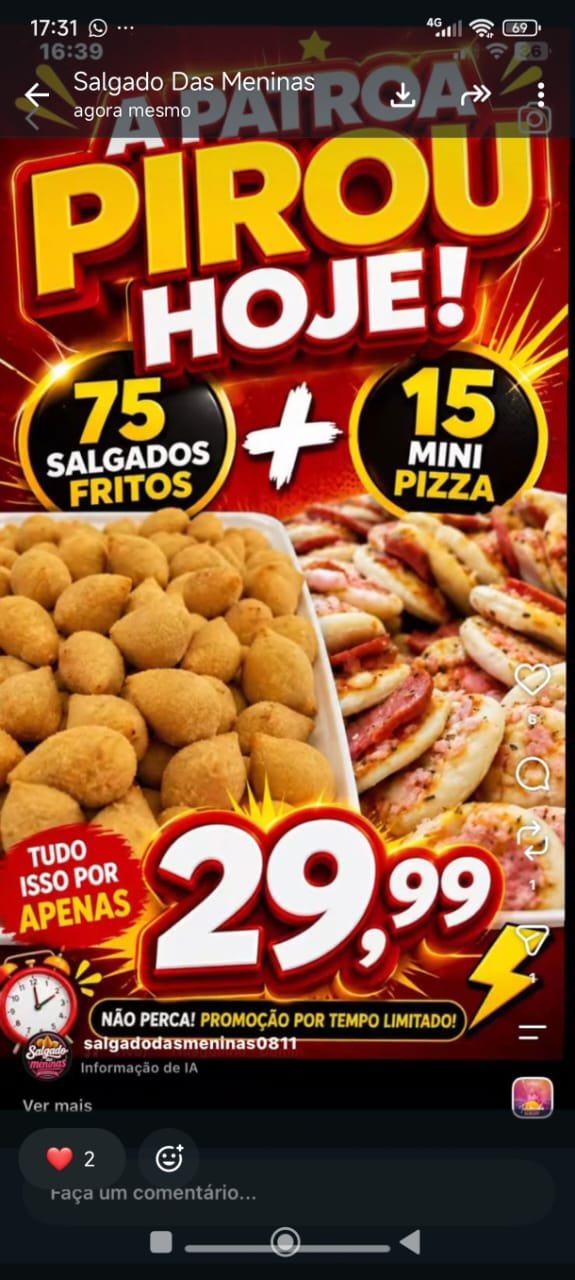 75 salgados fritos + 15 mini pizza