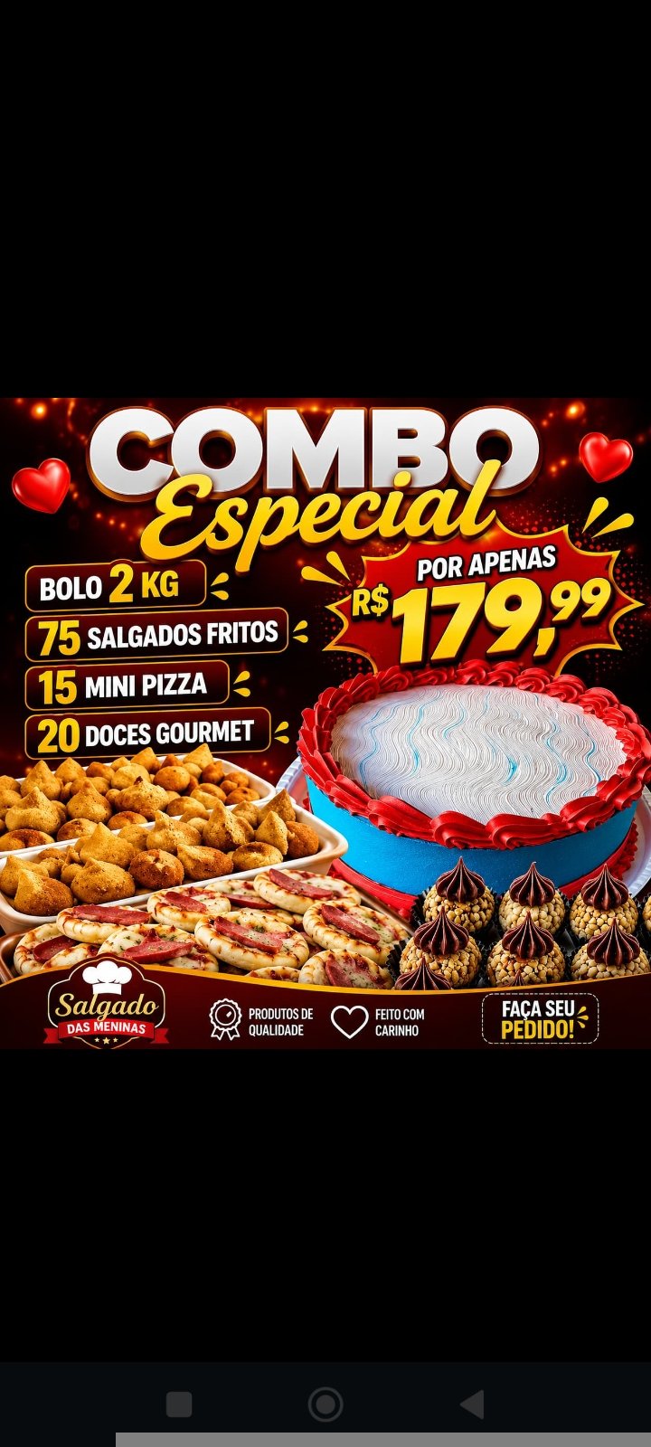 bolo 2 kg 75 salgados fritos 15 mini pizza 20 doces gourmet