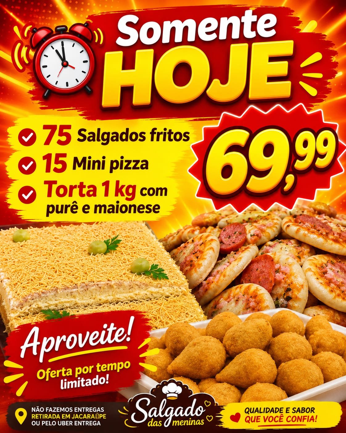 75 salgados 15 mini pizza torta 1 kg com purê e maionese
